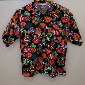 Vintage Technics Neon Fish Print Button-up Large
